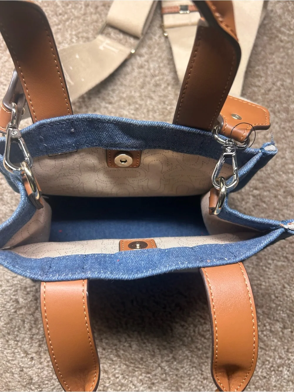 True Religion Blue Denim Mini Messenger Bag with Brown Leather Handles